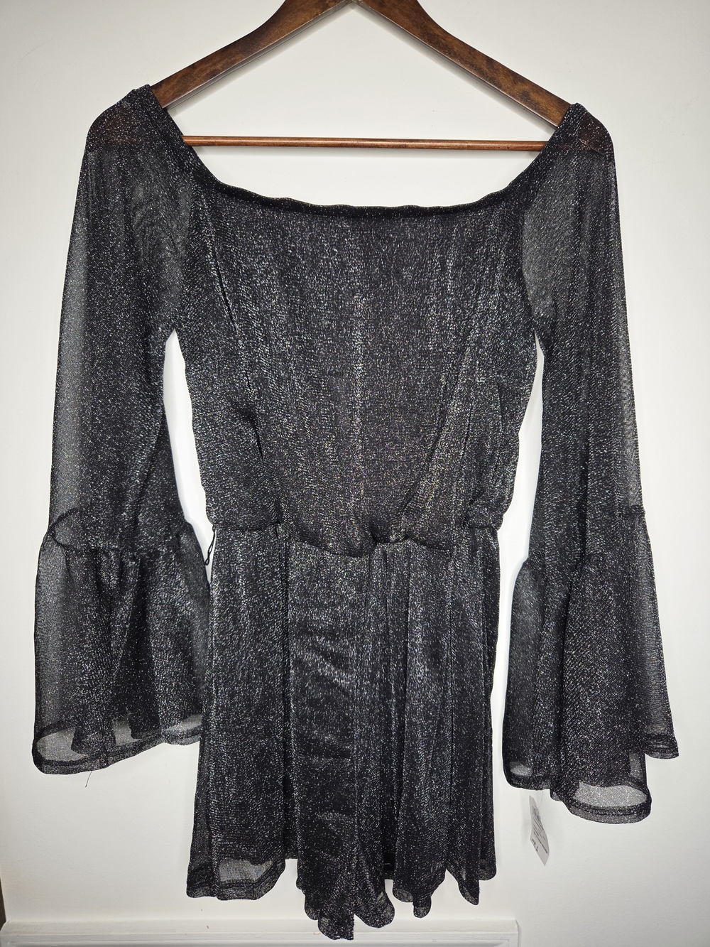 NWT Black Metallic Glitter Romper Off The Shoulder Bell Sleeve Shimmer Size  L